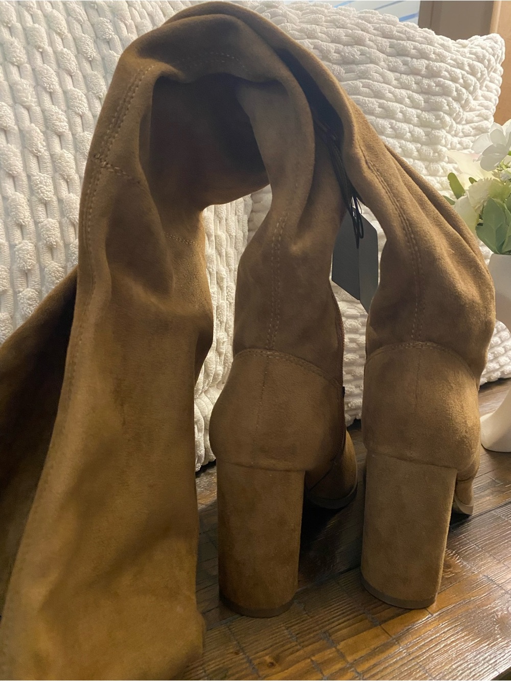 Forever 21 Women's Camel Suede Block Heel Knee Boots - Picture 3 of 6
